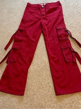 VIP Jeans Red Cargo Utility Pants with Side Straps Y2K